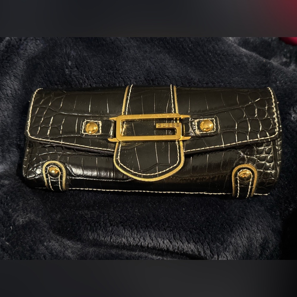 GUESS Black and Gold Croc-Pattern Clutch